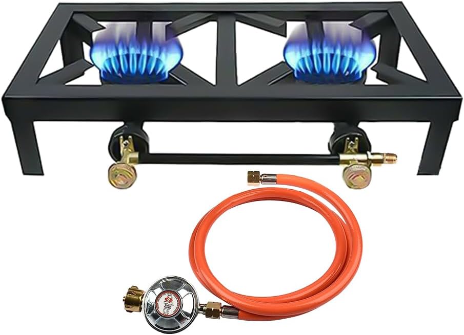 hzexun Camping Gas Stove with 2 Burners, Cast Iron Gas 6 KW with 1.5 m Hose Pressure Reducer 50 Bar for Hiking Picnic