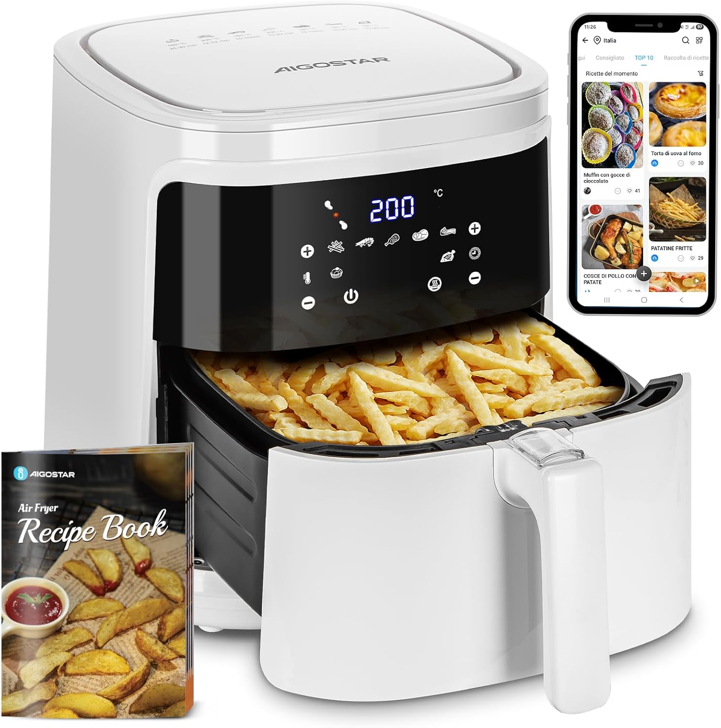 Aigostar White Cube 7L 1900W Smart Air Fryer Without Oil, App and WiFi Control, 7 Programmes with LED Screen, Removable Basket Non-Stick, Heat Retention, 20 Recipes, BPA Free