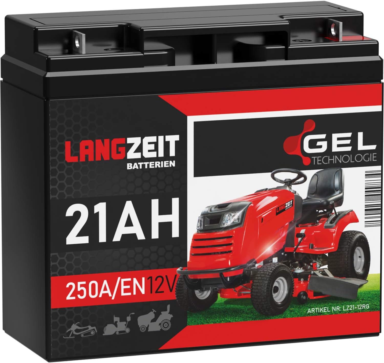 Langzeit Battery for Lawn Mower 12 V 21 Ah 250 A/EN Battery 12 V Gel Dual Life Replaces Lawn Mower Battery 17Ah 18Ah 20Ah 22Ah 23Ah Pre-Charged, Leakproof, Maintenance Free