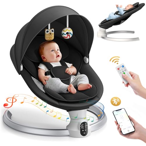 Ixdregan Sdraietta Neonati Elettrica   App e Telecomando Dondolo Neonati Elettrico con 3 timer, 5 Velocità di Altalena, 10 Musiche, Sdraietta Neonati Bluetooth Imbottita Morbida Baby (APP Nero) : Prima infanzia