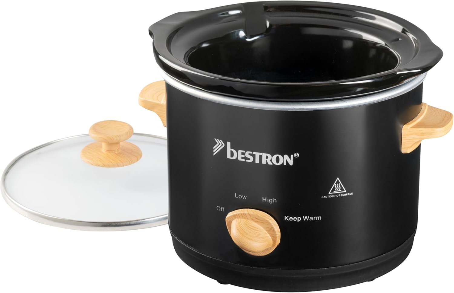 Bestron 2 Person Slowcooker with Ceramic Frying Pan and Glass Lid, 3 Level Thermostat Ideal for Many Dishes such as Meat, Soups and Vegetables, 1.5 Litres, Black and Wood, Black/Wood