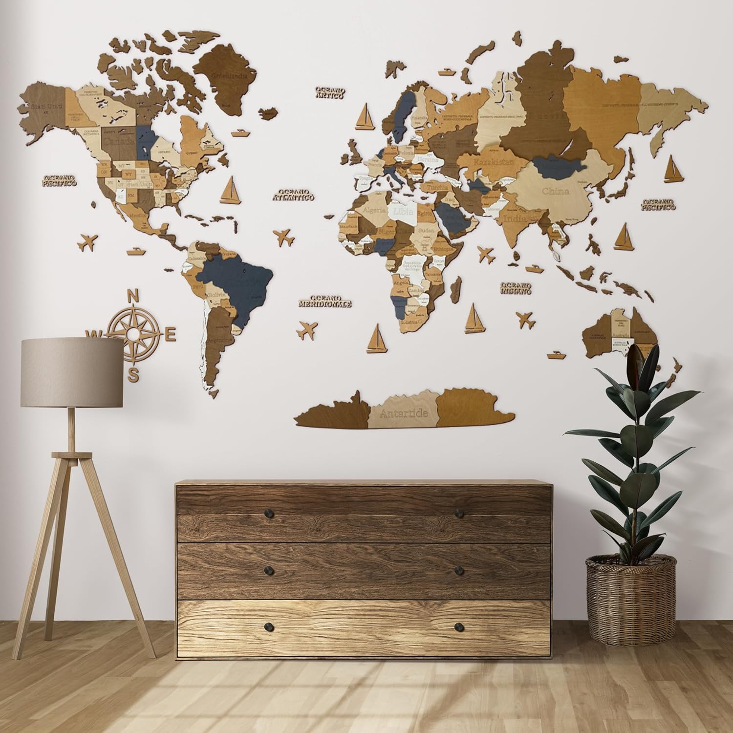 WoodLeo Mappamondo in legno (in italiano) - Decorazione murale in 3D - Dimensioni della mappa (M, L, XL) Idea regalo per ogni occasione - Arte da parete per la casa