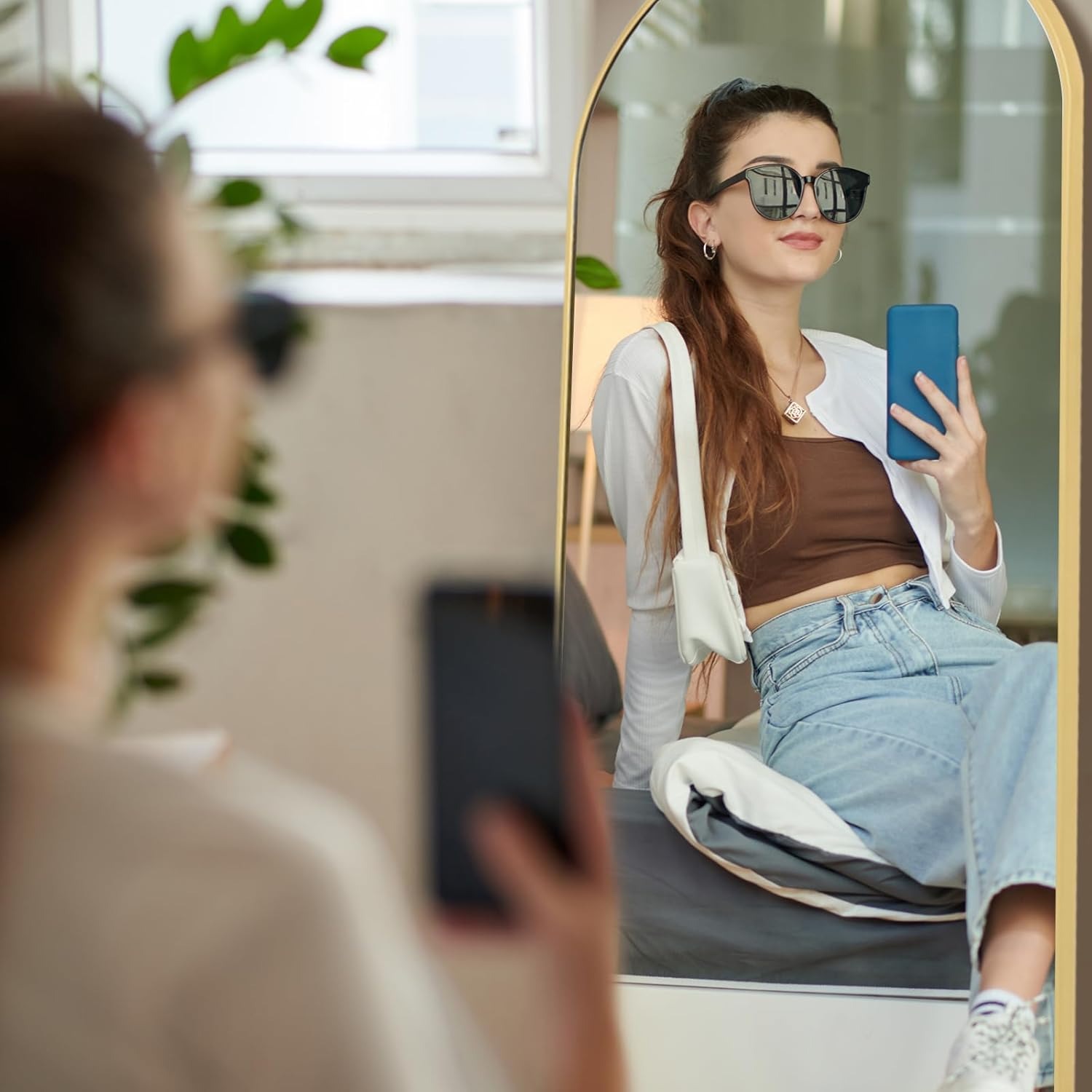 LunaMirror Specchio curvo per tutto il corpo, 179 x 65 cm, grande specchio da pavimento, per camera da letto, soggiorno, corridoio, ingresso da parete, oro