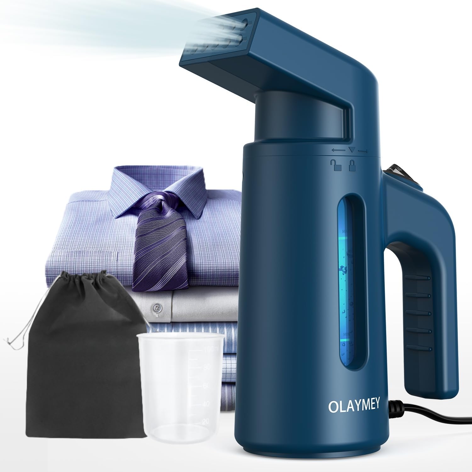 OLAYMEY Travel Vertical Ironing Iron, Steam Iron with Boiler, with Drawstring Bag, 700W Portable Vertical Ironer 180ML Blue Vertical Ironing for Home, Business