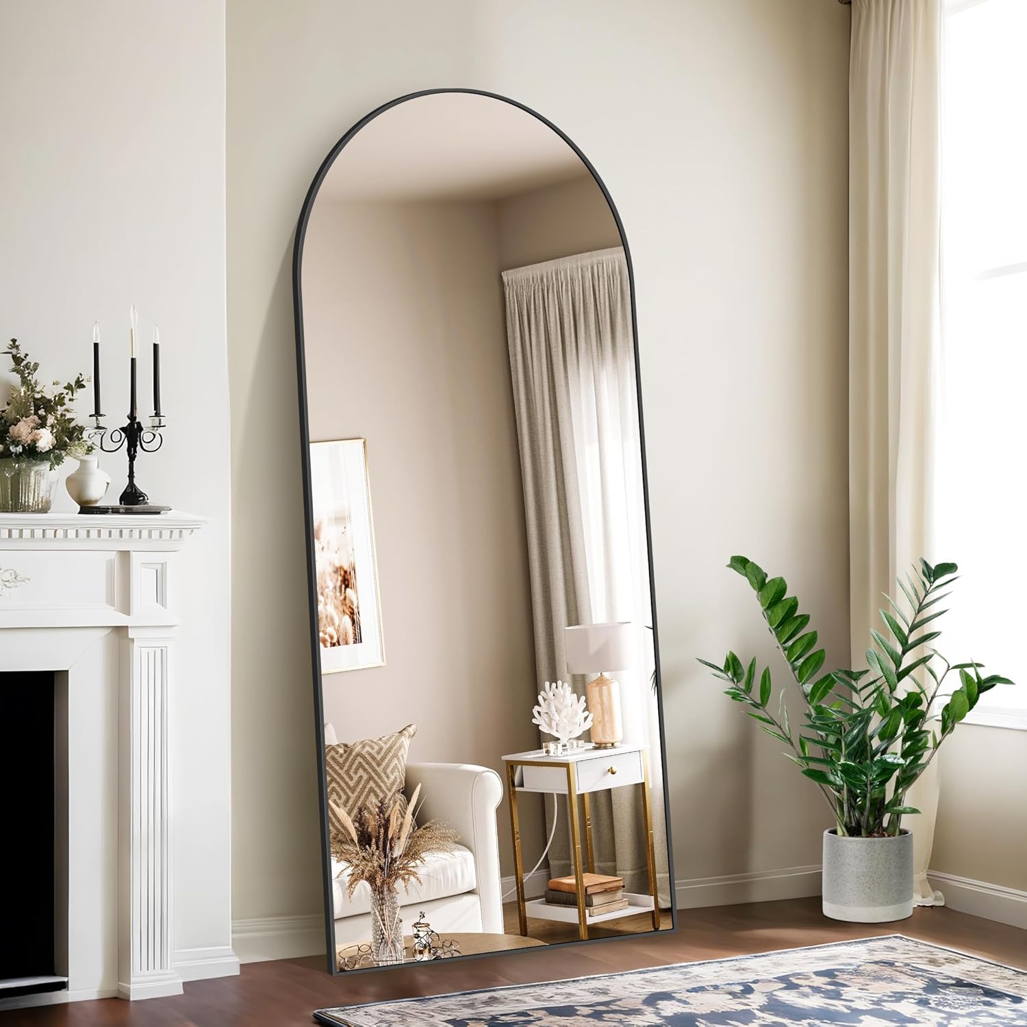 NASSYOU Specchio da Terra, 179 x 65 cm Specchio ad Arco con Cornice in Alluminio Nero per Bagno, Camera da Letto, Ingresso e Corridoio