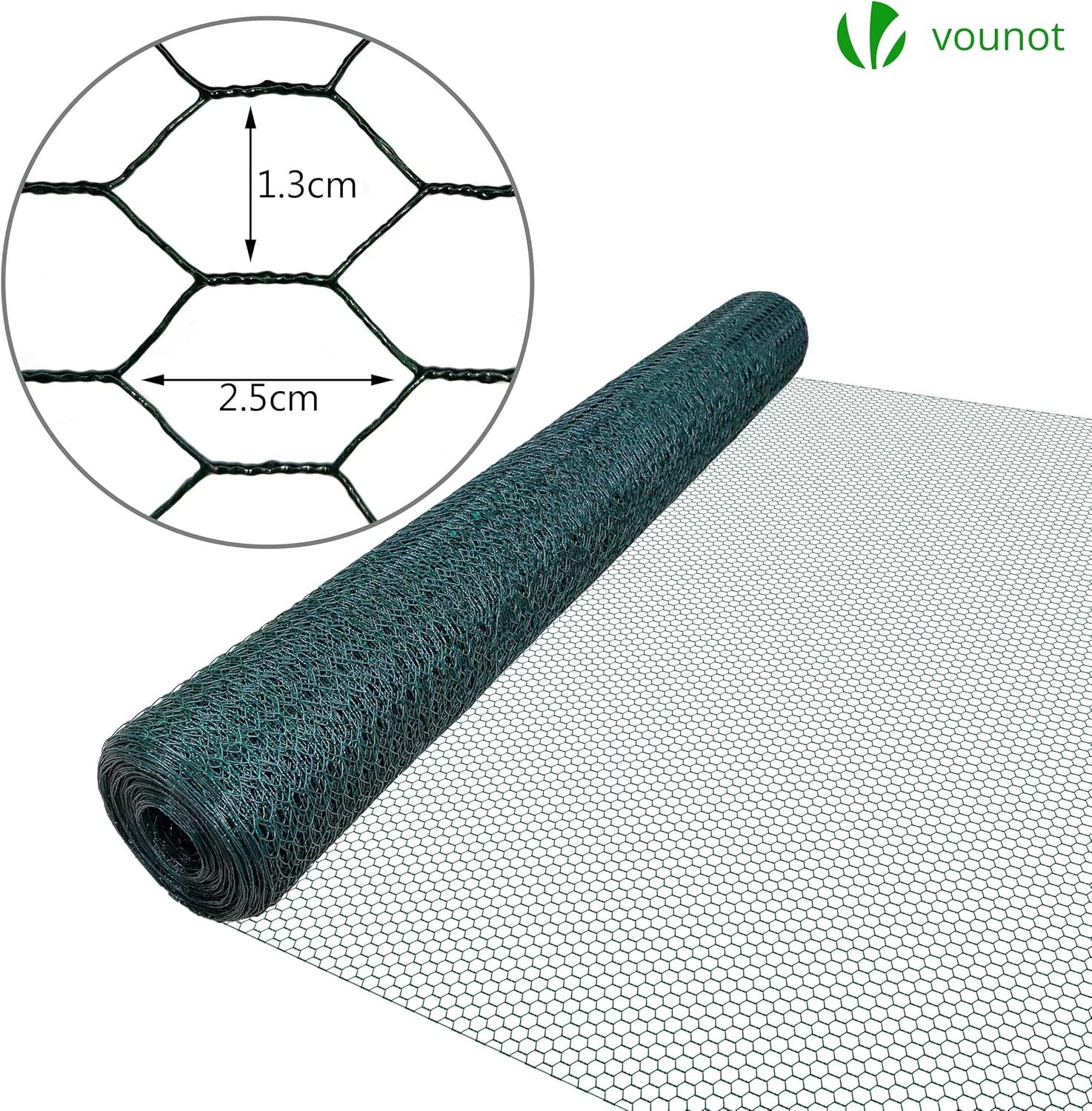 VOUNOT Rete Metallica Plastificata, Reti Recinzione per Pollame, Animali e Piante, Maglia Esagonale 13mm, 100cm x 25m, Verde