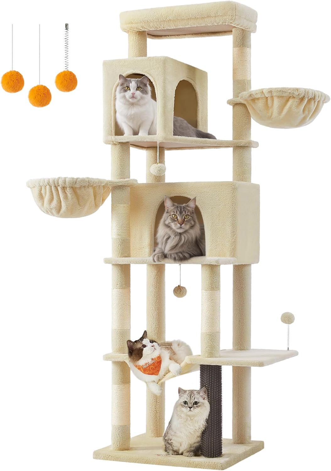 Feandrea Albero per Gatti Grande, Torre Tiragraffi Alto 175 cm, Multilivelli con 2 Grotte, 2 Cestini, 5 Graffiatoi, Autospazzola, Trespolo, Amaca, Grigio Tortora PCT182G01