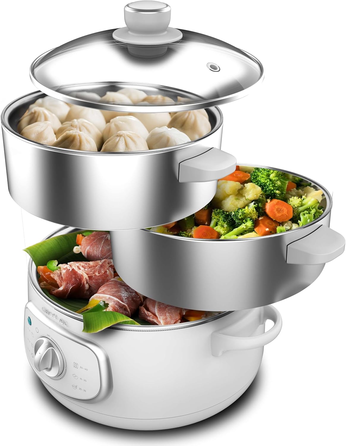 Cecotec Vapovita Steelpot White Electric Steamer. Power 1300W, Stainless Steel Containers, 10L Capacity, Adjustable Time, Automatic Shutdown, Easy Cleaning, Special Lid, Healthy Kitchen