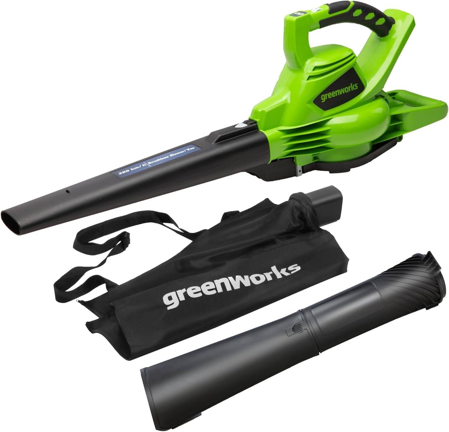 Greenworks GD40BVII 40 V Cordless Leaf Blower with Brushless Motor, 370 km/h, 14.17 m³/min, 45L Collection Bag, Without Battery and Charger, 3 Year Warranty