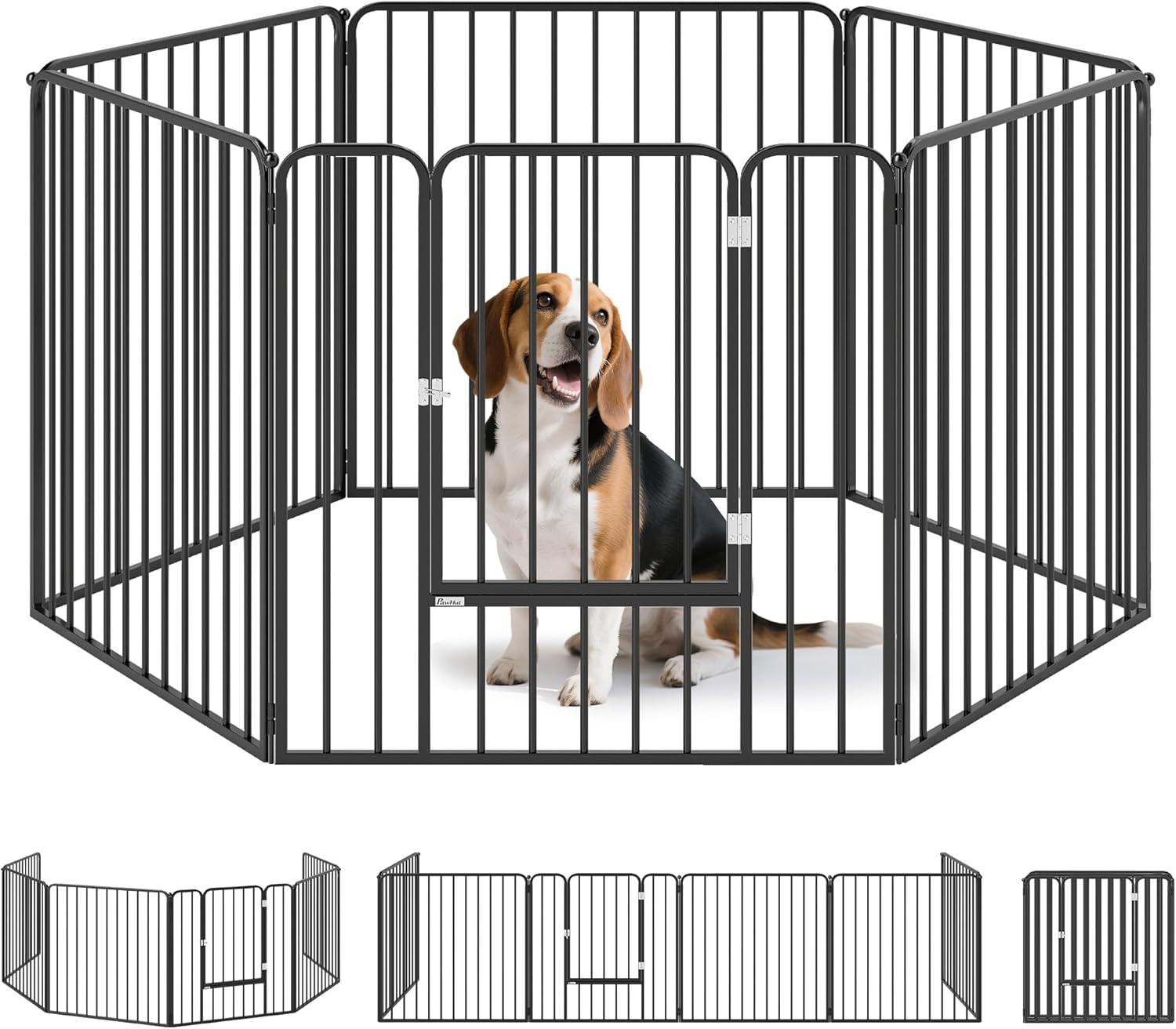 PawHut Box per Cani Taglia Grande a 6 Pannelli Modulabili da Interno ed Esterno, Cancello per Cani in Acciaio con Porta, 164x83x100 cm, Nero