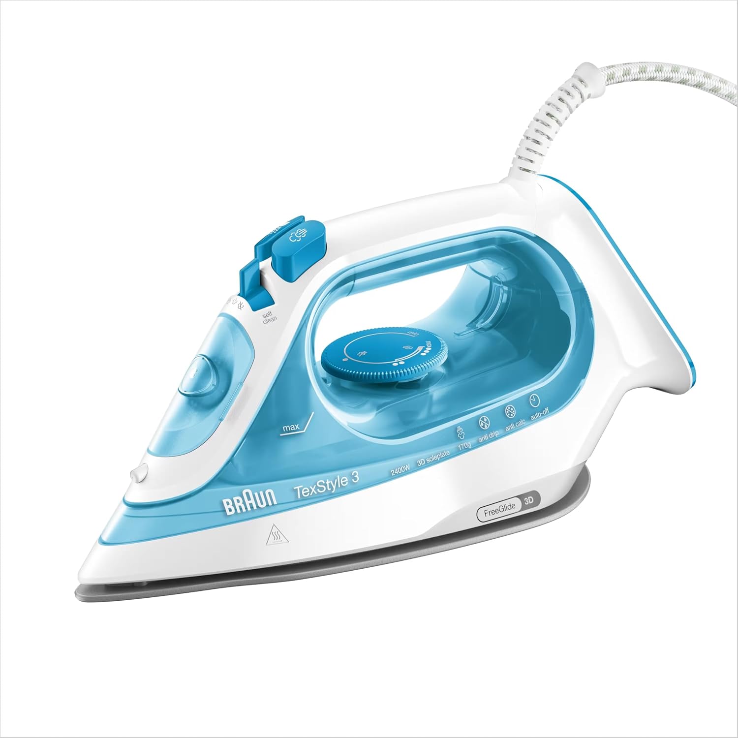 Braun TexStyle3 SI3030PU Steam Iron with 5 Years Service, Ceramic Plate, Vertical Ironing, Precision Tip, Steam Jet 140 g/min, Power 2300 watts, White/Purple
