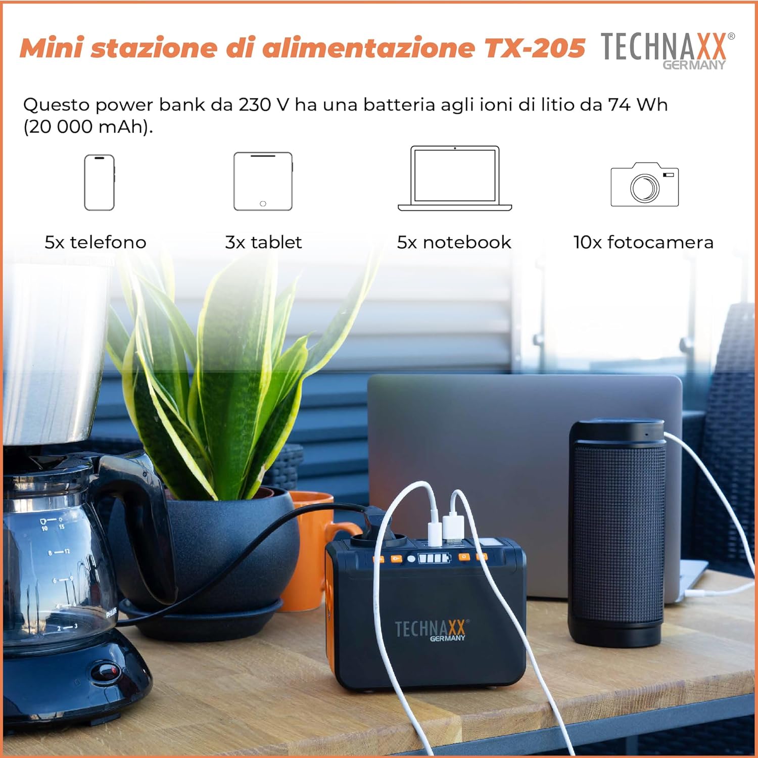 Technaxx TX-205 Mini Power Bank - 74Wh to 230V Power Bank with Integrated Socket - External Battery for Laptop, Mobile Phone, Mini Refrigerator, etc. - LED Panel, Lamp, 5xUSB
