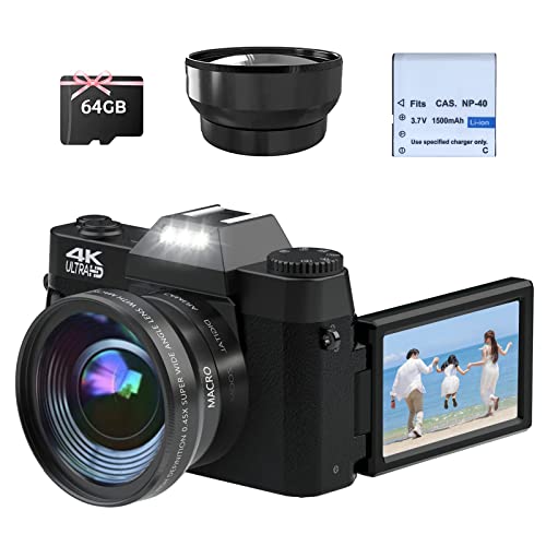 CCN Fotocamera Digitale 4K 48MP, Fotocamera con schermo 3.0" ribaltabile a 180°, fotocamera compatta con zoom digitale 16X, obiettivo grandangolare e obiettivo macro, scheda TF da 64GB, WiFi, nero : Elettronica