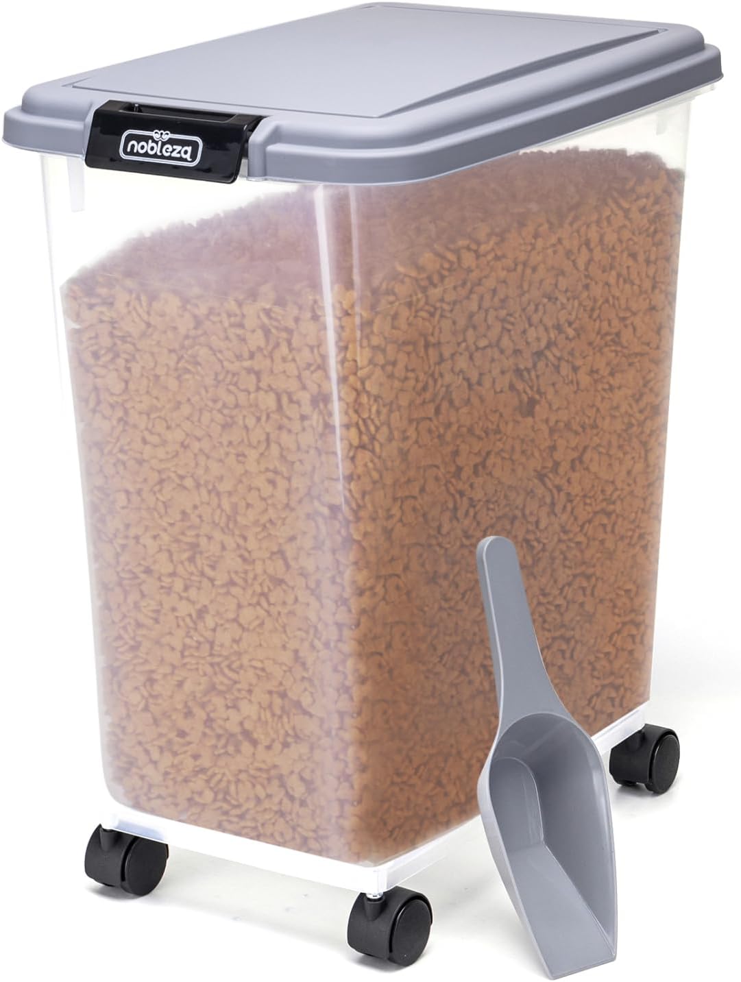 Nobleza - Contenitore per Animali da 20 L, Animali Domestici Scatola di Alimenti con Ruote Contenitore, Coperchio Ribaltabile, Ermetico, Trasparente, Ruote e Pala, per Cibo per Cani e Gatti, Grigio