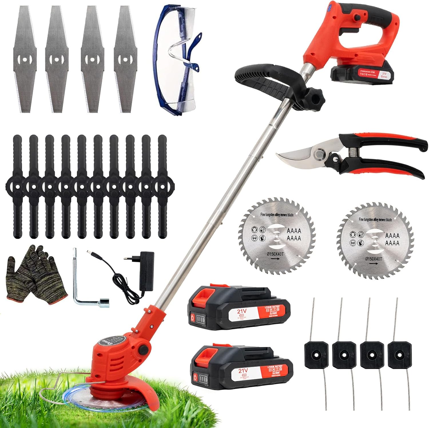 Battery Powered Electric Brush Cutter, Battery Powered Strimmer with 2 Batteries and 4 Types Blades, Adjustable Angle, Brush Cutter for Cutting Gardens, Lawns and Soils