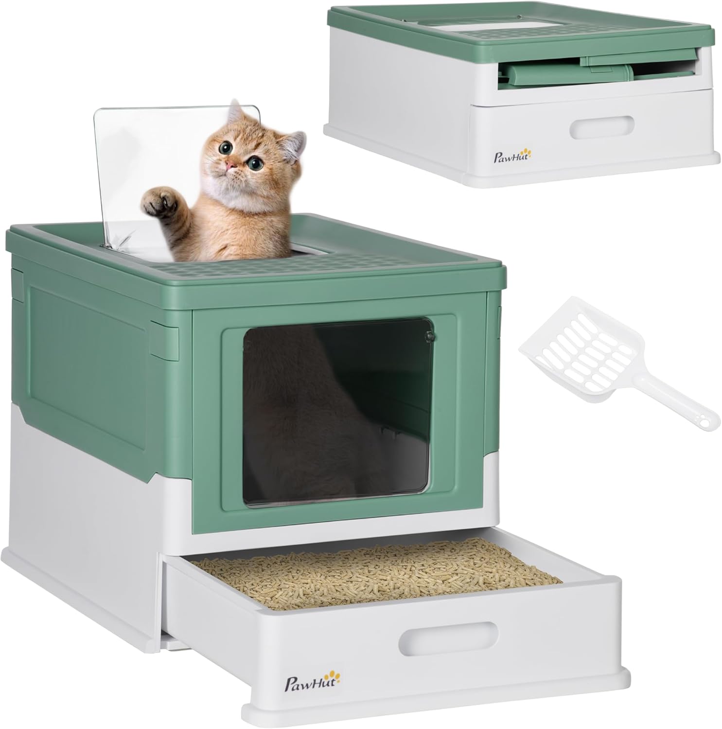 PawHut Closed PP Cat Litter Tray with Scoop Included, Folding Cat Toilet, Toilet for Cats with Removable Tray and 2 Doors, 47.5 x 35.5 x 36.5 cm, Grey and White