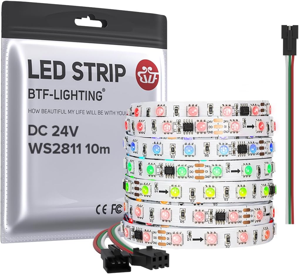 BTF-LIGHTING WS2811 DC24V 32FT RGB indirizzabile LED Pixel Strip 600 LED 100 pixel Full Colour Bianco PCB IP30 Non impermeabile Funziona con Arduino/Raspberry/etc Impedisce il calo di tensione