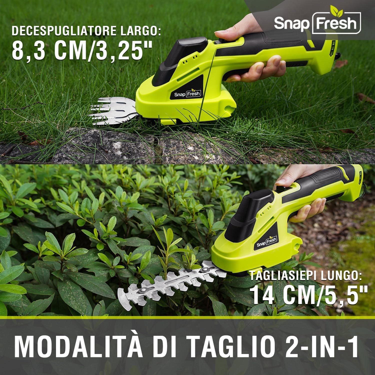 SnapFresh Lawn Mower and Hedge Trimmer, 2 in 1 Cordless Trimmer Grass Scissors Electric Shear Cutting Width 84 mm Cutting Length 122 mm Suitable for the Garden