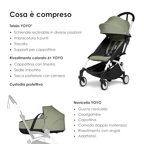 Passeggino Completo BABYZEN YOYO2   Include YOYO Navicella (Olive), Telaio (Bianco) & Rivestimento colorato 6  (Olive)   Per Bambini fino a 22 kg : Prima infanzia