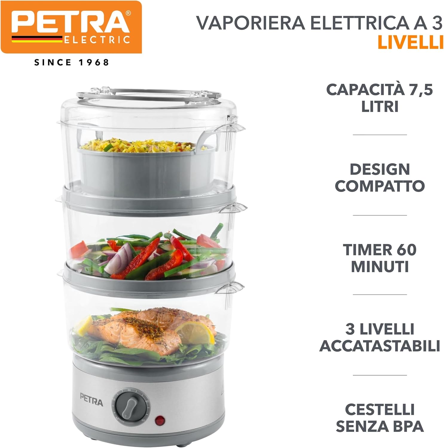 Petra PT2726ZV2HEVDE 3 Tier Electric Steamer 7.5L BPA Free Rice Basket and Container Compact Design 60 Minute Timer 500W Removable Bowls for Meat and Vegetables