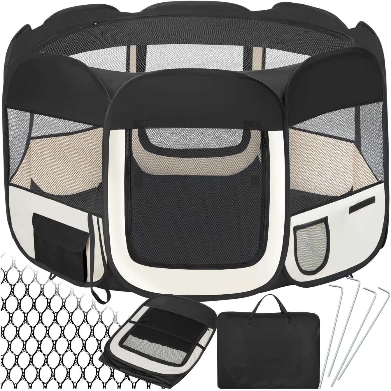 tectake® Polyester Pet Playpen Tent for Dogs, Fence for Small Animals, Steel Structure, Easy to Assemble with Pop-up System, Carry Bag Included - Black