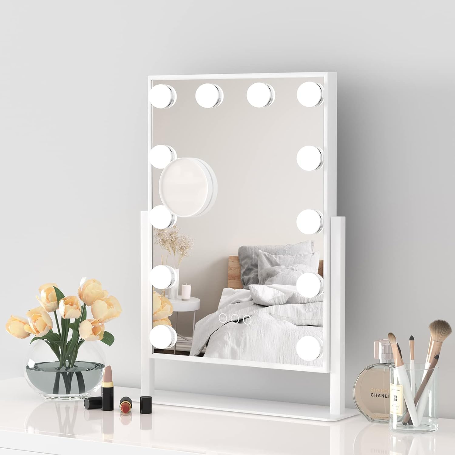 Moziel LED Makeup Mirror 80 x 60 cm – Hollywood Lights 18 LEDs, Bluetooth, 3 Adjustable Colours – Wall/Table Mounting – Ideal for Professional Makeup