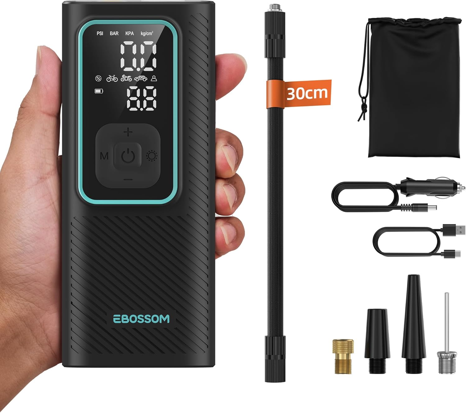 Portable Air Compressor, Mini Air Compresseur 150PSI, Inflator 12 V DC with 6000 mAh, Accessories for Car, Motorcycle, Bike, Ball. It is equipped with database function, LED light and automatic stop