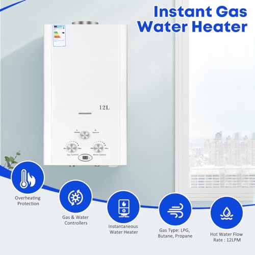 Xverycan Scaldacqua a gas da 12 l, 24 kW, GPL per acqua, propano butano, applicabile, scaldabagno senza serbatoio, per uso domestico, campeggio, roulotte, cabine all'aperto, fienili : Amazon.it: Fai da te