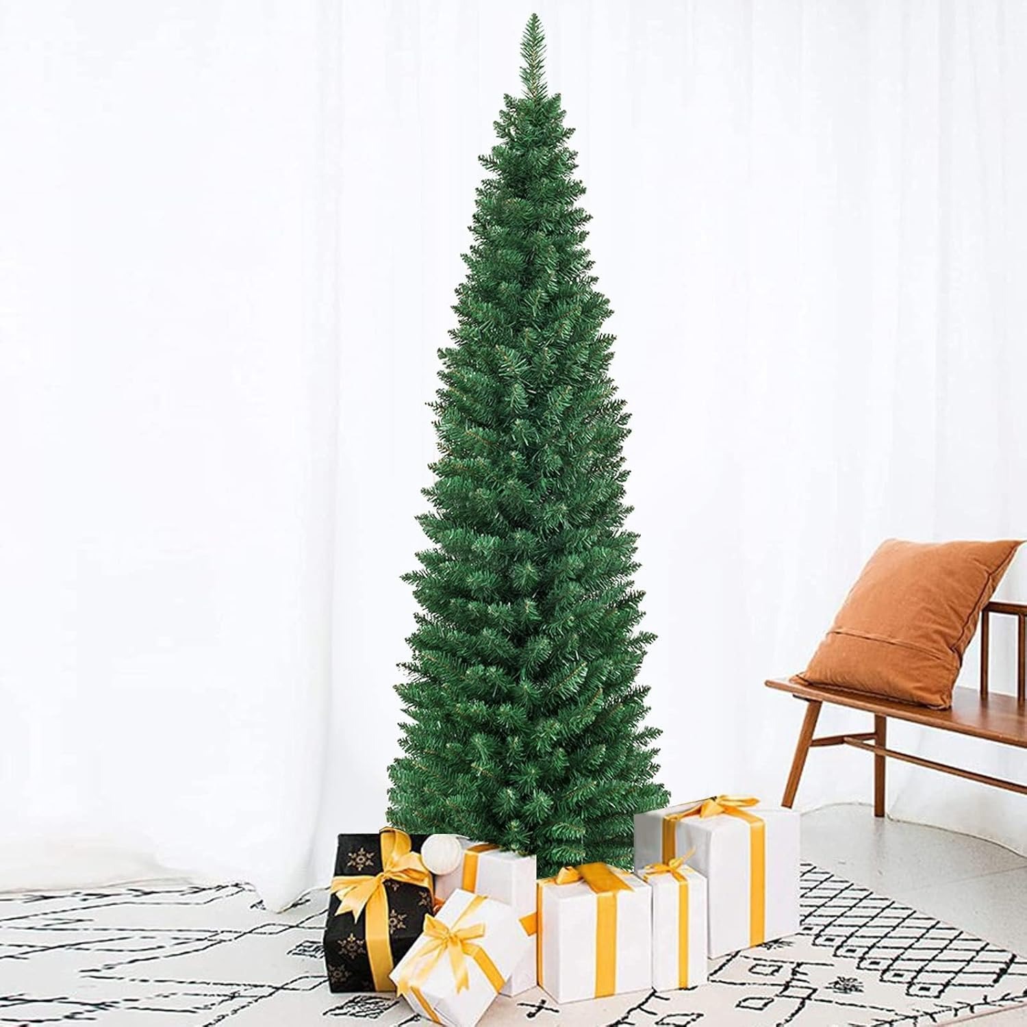 RELAX4LIFE Albero di Natale Slim 150/180/210/240 cm, Stretto e Alto, Rami Folti in PVC, Base in Metallo Pieghevole in Ferro,Albero Natale Artificiale Verde (180 cm)