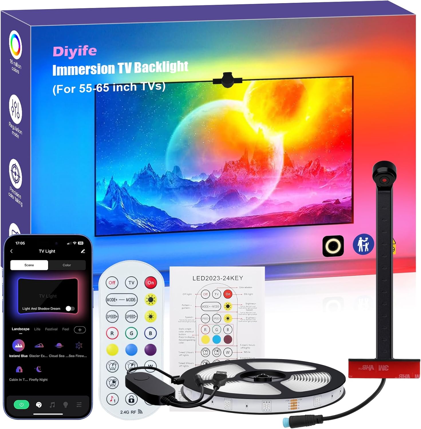 Diyife Striscia Led, [Versione Aggiornata] LED TV Retroilluminazione, sensori AR rilevano il colore, 4 M Strisce LED con App Controllato e Controller per TV da 55-65 Pollici,PC Monitor, Film e Giochi