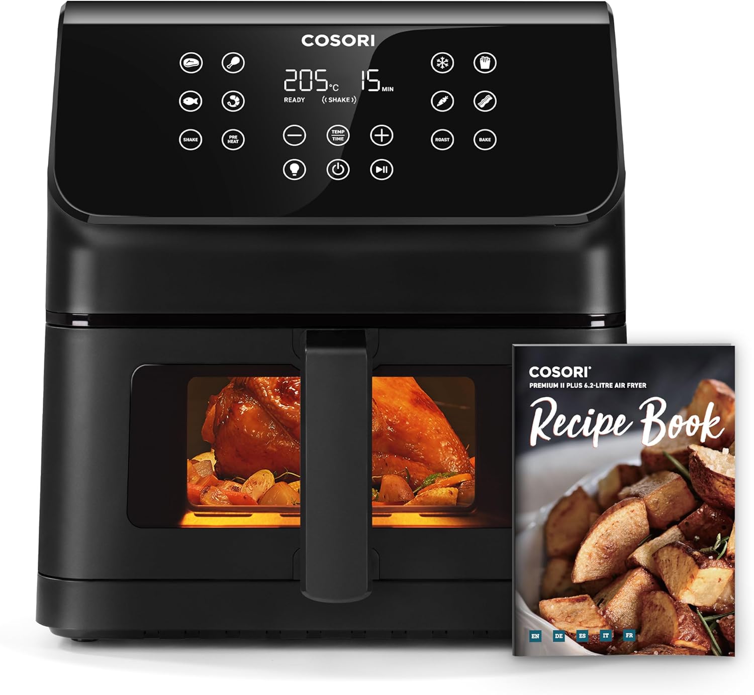 COSORI Clear Blaze Air Fryer 6.2 Litre with Window, 1700W, with 11 Functions, One-Touch Display, Adjustable Time and Temperature 75-205°C, 30 Paper Recipes & 50 Online, Light Black