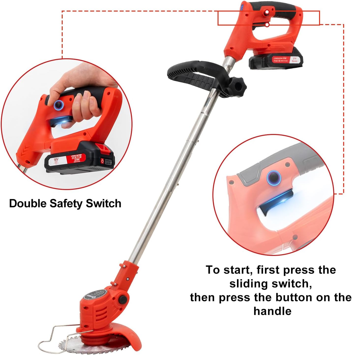 Battery Powered Electric Brush Cutter, Battery Powered Strimmer with 2 Batteries and 4 Types Blades, Adjustable Angle, Brush Cutter for Cutting Gardens, Lawns and Soils