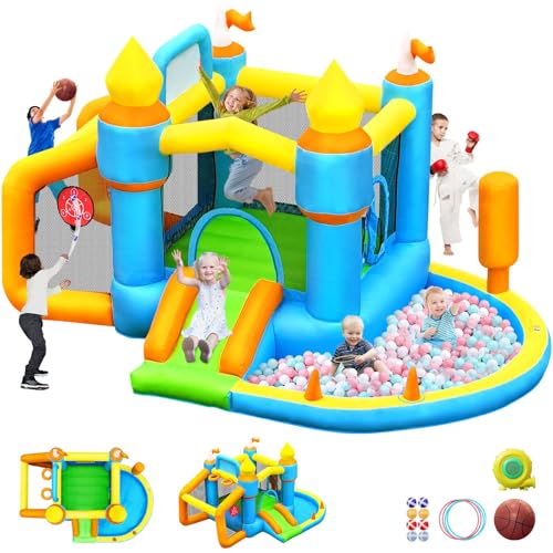 SportBob Castello Gonfiabile per Bambini Esterno Interno con Soffiatore, Scivolo, Piscina di Palline, Salto, Campo da Calcio e Canestro, Adatto per Bambini 3 8 Anni, 385×258×220 cm : Amazon.it: Giochi e giocattoli