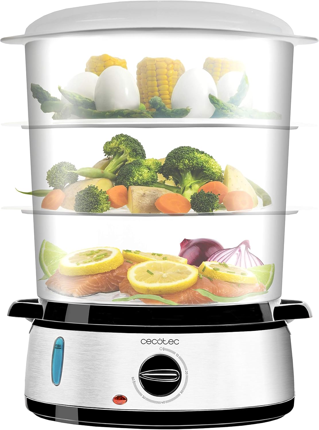 Cecotec Vapovita 3000 Steamer elettrico in acciaio inox con 800 W, 3 contenitori indipendenti, ciotola per riso, portauova, timer 60 minuti, 2 prese d'acqua laterali, grigio