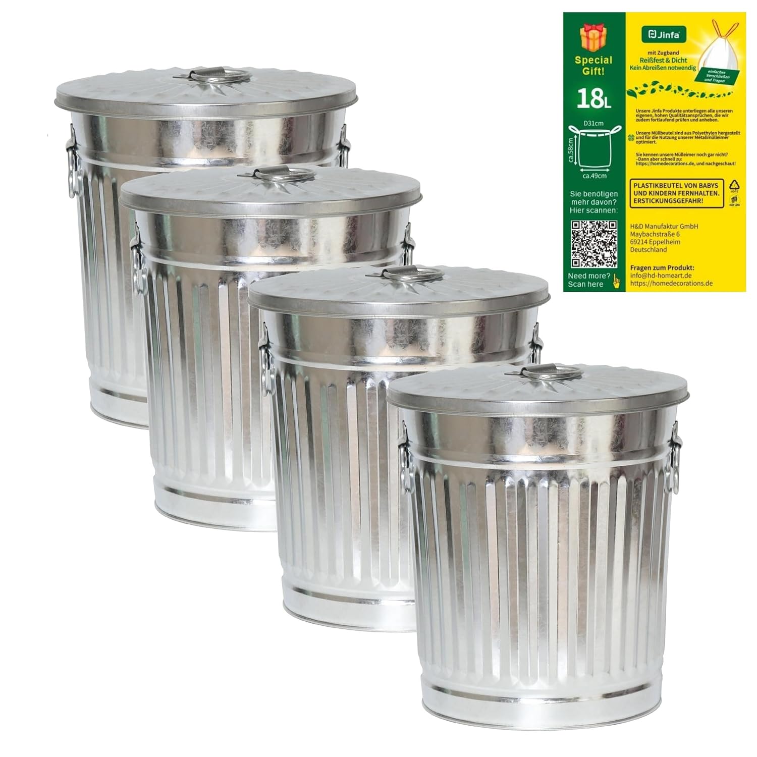 Jinfa 2 Bidoni in metallo zincato con manici e coperchio design retr貌 + 5 sacchetti per pattumiera | 脴 44 cm | Capienza 62L