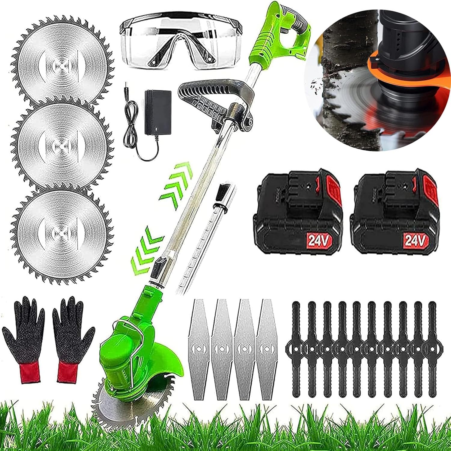 Tagliabordi a Batteria 24V Decespugliatore Elettrico con 2*Batteria e Caricatore, con 3 Tipi di Lame,Testata e Maniglia Telescopica per Prato Campo da Giardino