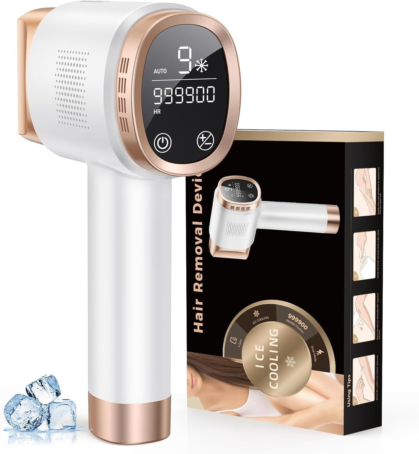 Epilatore Luce Pulsata 3 in 1 HR/SC/RA, Depilazione con Raffreddamento a Ghiaccio, Touch Screen LCD, 9 Livelli di Energia 21J, Epilatore Laser per Donna Uomo Viso Bikini Corpo, Oro Bianco