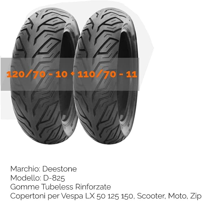 Pair of Deestone Tyres 110/70-11 + 120/70-10 D825 45L Tyres for Piaggio Vespa LX 50 125 150 Motorcycle Scooter