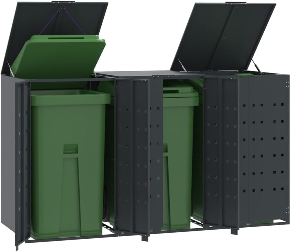 Brokky Copribidone con Ruote 3 Bidoni Antracite 207x79x117cm Acciaio,Copri Bidoni Spazzatura,da Esterno,Nascondi Bidoni Immondizia,Copertura per Bidone,Gabbia Copribidone,Contenitori,Pattumiera,Box Ri