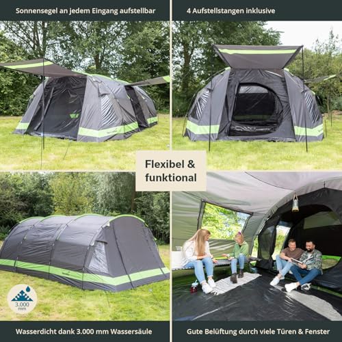 Skandika Kambo   Tenda de campeggio tunnel   Cabina letto per 6/8/12 persone   Impermeabile con 3000 colonne d'acqua   2 m di altezza   3 ingressi   tenda da sole (grigio/verde/8 persone) : Amazon.it: Sport e tempo libero