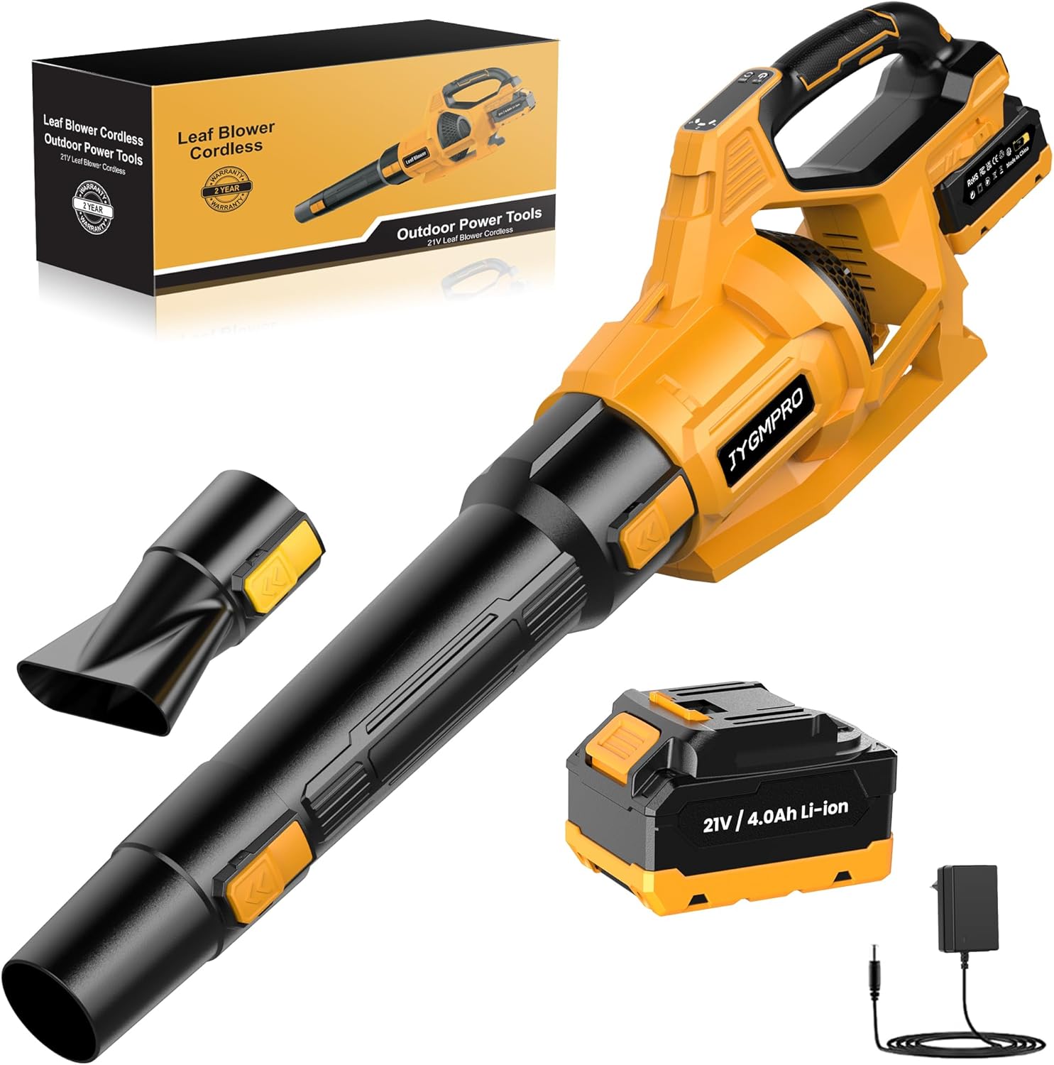JYGMPRO Battery Blower, 21 V Electric Leaf Blower with 2 x 4.0Ah Battery, 3 Adjustable Speeds, 2 Nozzles, Strap for Leaves, Snow, Dust and Debris