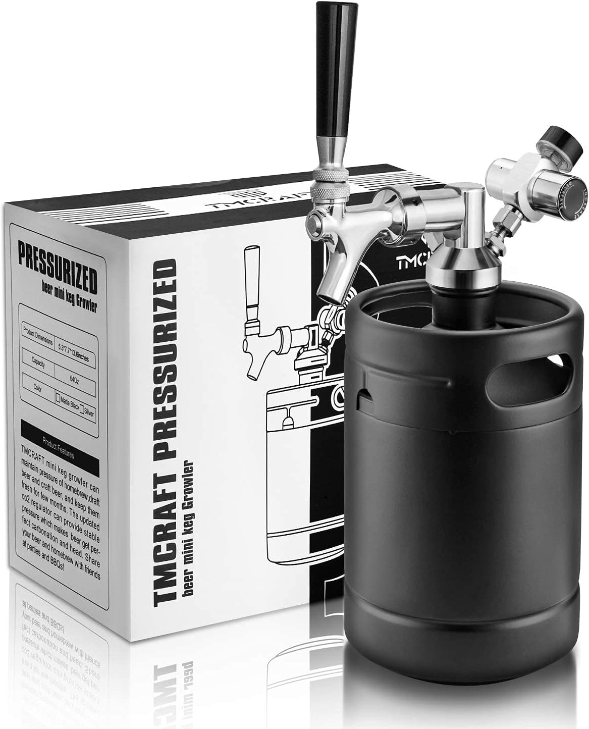 TMCRAFT - Mini Keg Growler da 2 Litri - Sistema di Kit di fusti per Uso Domestico pressurizzato in Acciaio Inossidabile per Mantenere la freschezza e la carbonatazione della Birra (Nero Opaco)