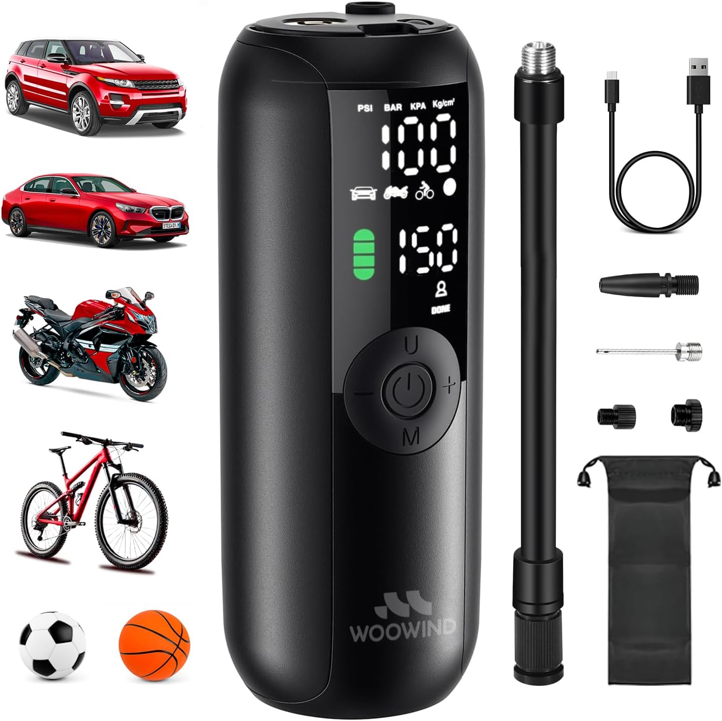 Woowind LP1 Portable Air Compressor, Electric Bicycle Pump, 150PSI, Car Tire Inflator, Mini Portable Compressor, Auto Shut-off for Car, Motorcycle, Bicycles and Balls