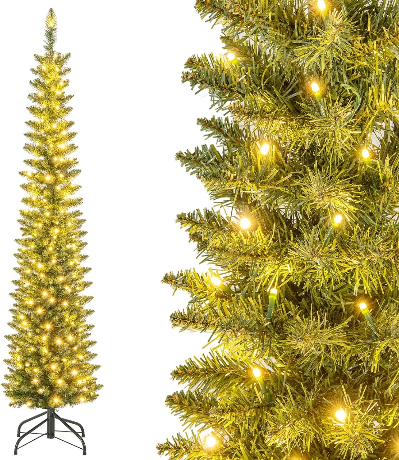 COSTWAY Albero di Natale Slim da 150/180/210 CM, Albero di Natale Artificiale con 296/390/499 Punte di Ramo, 150/180/200 Luci LED Bianche Calde, Supporto Pieghevole in Metallo (180 cm)