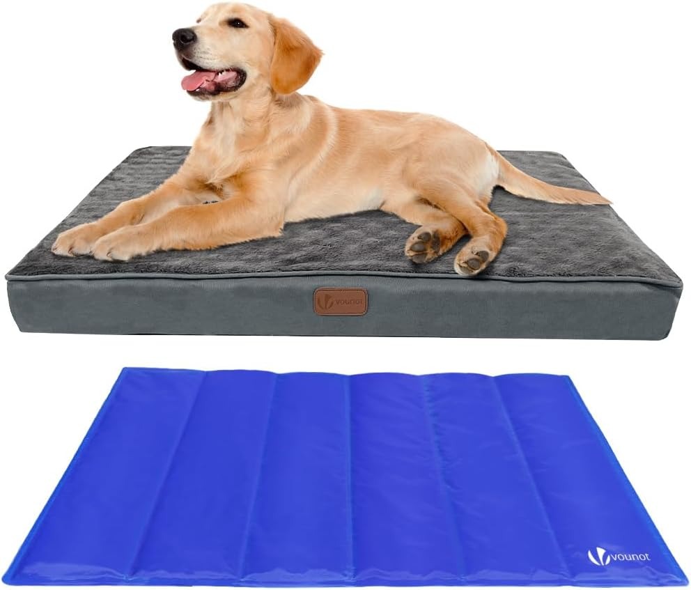 VOUNOT® Letto per Cani Ortopedico con Tappetino Rinfrescante Rimovibile, Cuscino per Cani 2 in 1 Cane di Taglia Media, Tappetino per Cane Lavabile, Grigio 91x70x9 cm