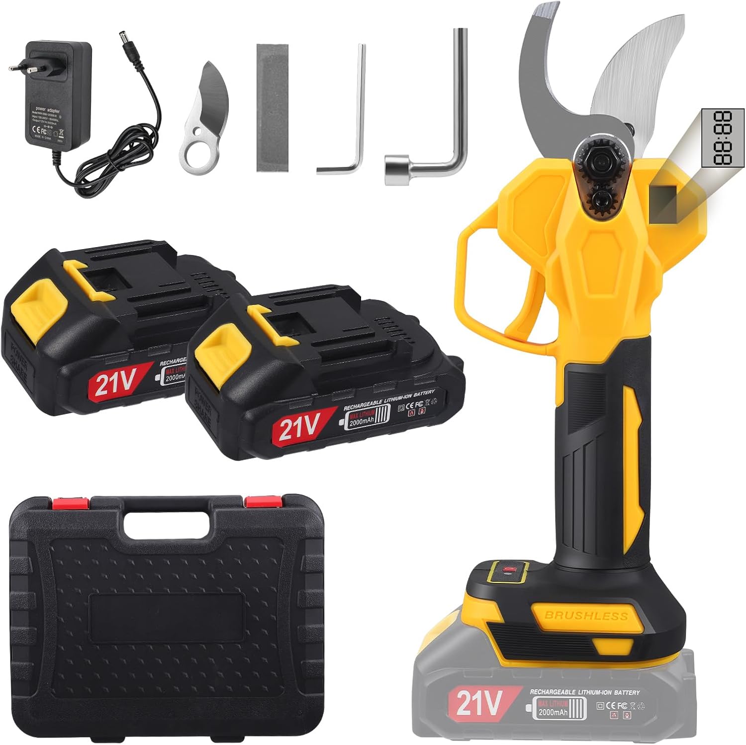 Electric Pruning Scissors, 30 mm Brushless Pruning Shears Professional Electric Pruning Shears with LCD Display, 2 x 2000 mAh Batteries, Brushless Motor, Battery Operated Pruning Scissors for Orchard