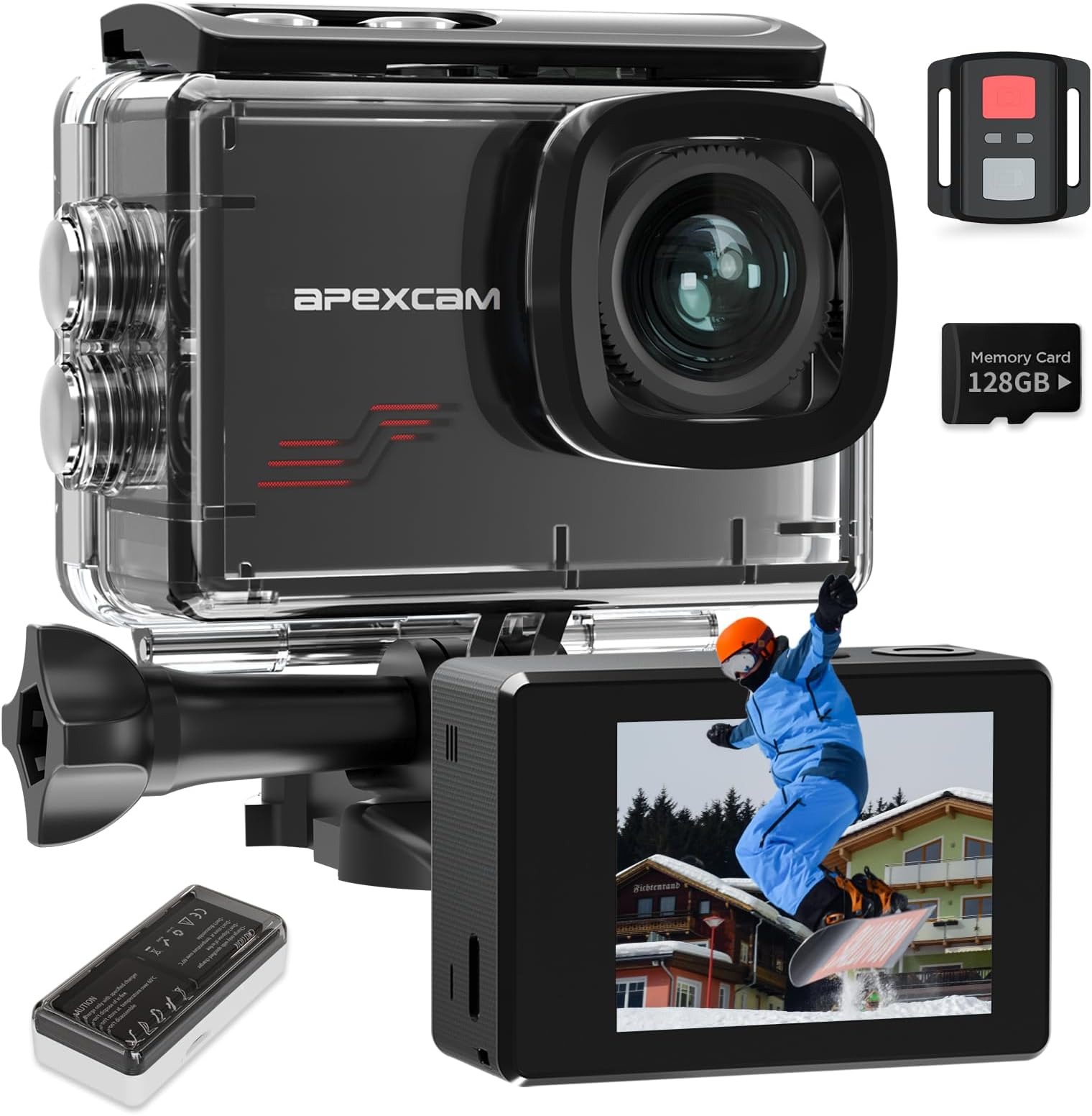 Apexcam M80 4K 60FPS 48MP Action Cam Con 128GB Scheda WIFI 40M Ultra HD Macchina Fotografica Subacquea Impermeabile Sport Camera 8X Zoom Pre-registrazione Wide Angle Con 2x1350 Batteria Kit Accessori