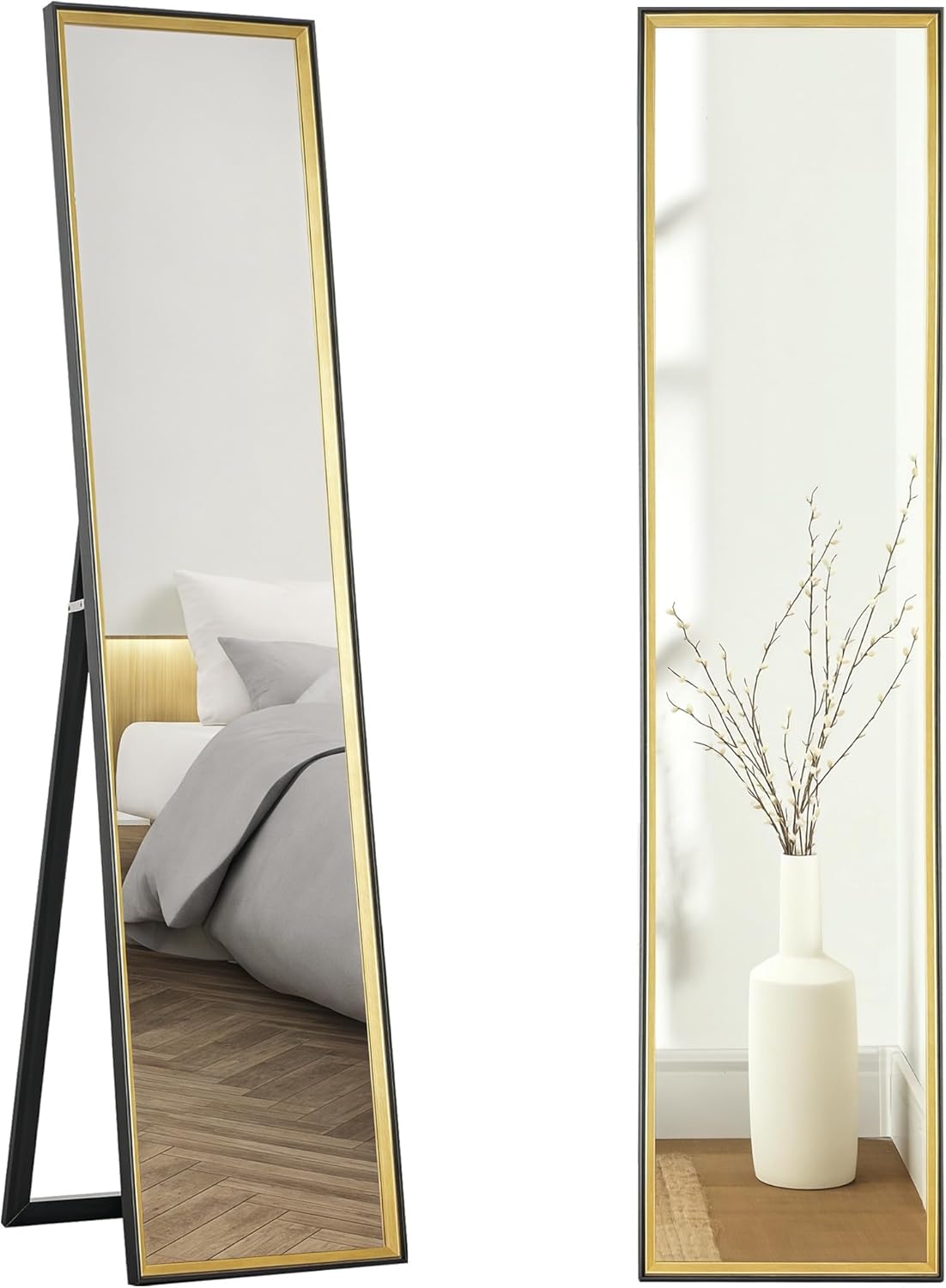 HOMCOM Specchio da Terra a Figura Intera con Supporto Posteriore e Cornice, Specchio da Parete in MDF e Vetro con Pellicola Protettiva Antisfondamento, 37x3x157 cm, Nero e Oro