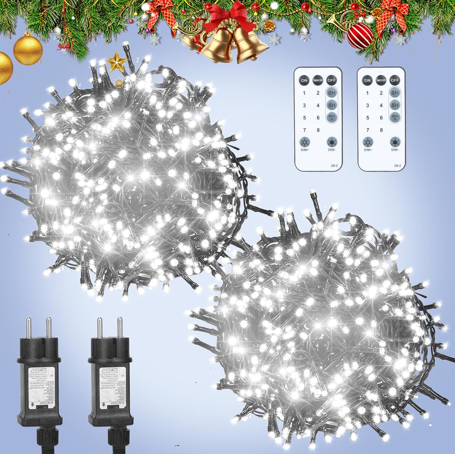 【2 Pezzi】210 LEDs 28+3M Luce di Natale Stringa Luce Esterno Interno IP65 con Telecomando, Spina, 8 Modalità, Timer Catena Luminosa Decorazioni per Laurea, Compleanno,Festa Nozze - Bianco Caldo