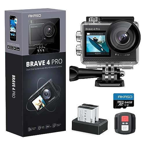 AKASO Brave 4 Pro Action Cam 4K 40M con Scheda di Memoria U3 da 64GB, Videocamera 20MP WiFi 170° Grandangolare Doppio Schermo EIS Stabilizzazione, Touch Screen, 5x Zoom : Elettronica